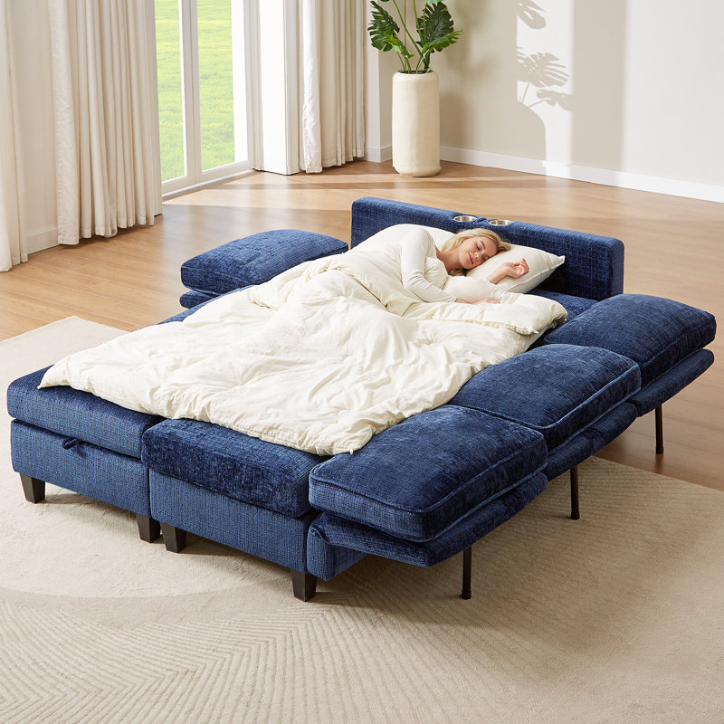 110" Blue Chenille U-Shaped Sectional Sofa with Storage and Cup Holder