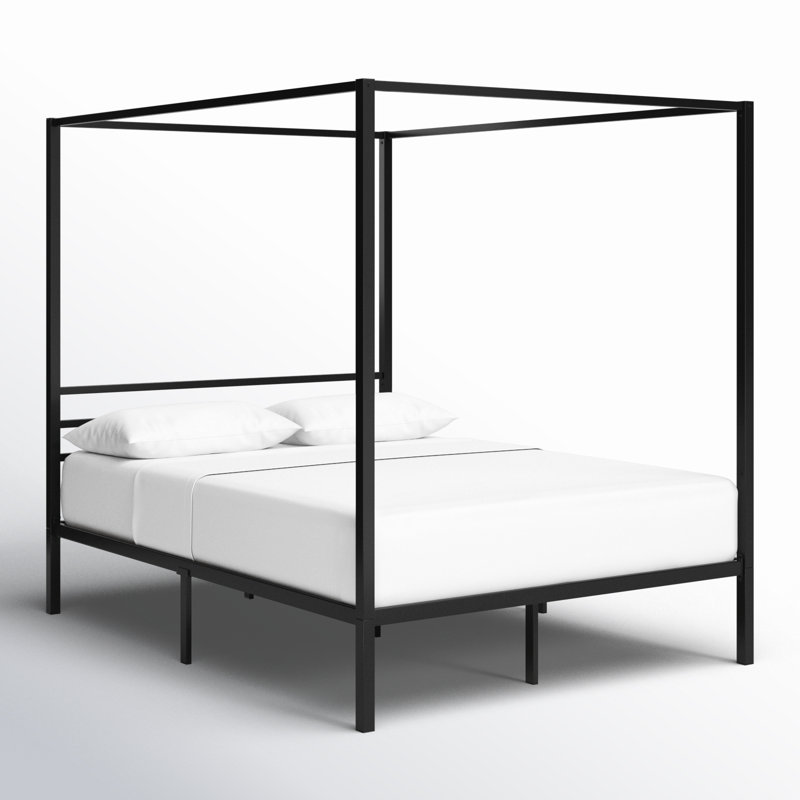 Tabiauea Metal Canopy Bed Frame with Wooden or Metal Slats, Full, Black