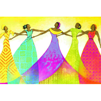 Cinq femmes bras dans les bras couleurs vives 3 - impression sur toile tendue