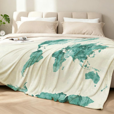 Jeté transparent en flanelle molletonnée ultra douce, impression de carte du monde aquarelle sur une face