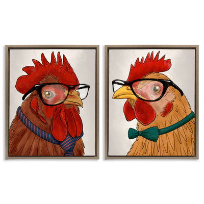 Quirky Hipster Roosters 2pc Floating Frame Set, design by Marcus Prime
