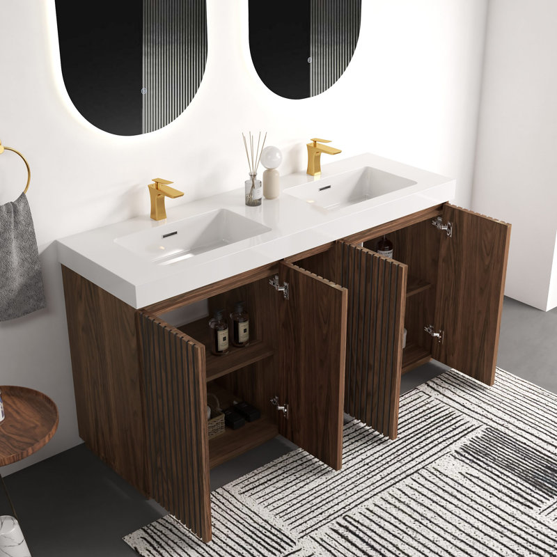 Meuble-lavabo autoportant de 60 po avec lavabo, grand meuble-lavabo autoportant avec rangement pour salle de bain moderne, lavabo double en quartz à une pièce sans drain ni robinet, KD