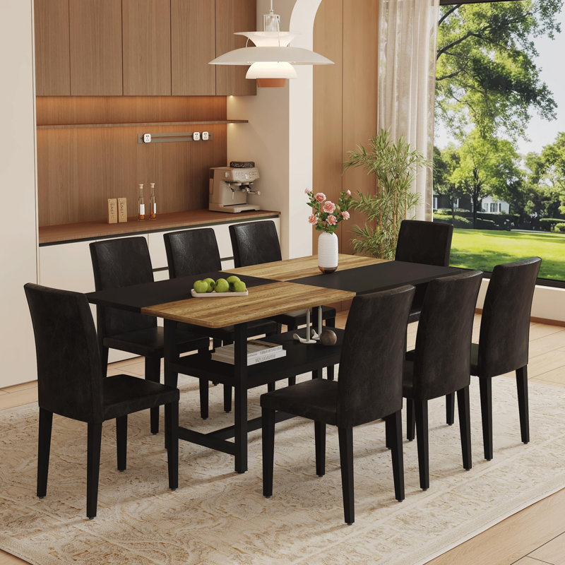 Ensemble de table de salle à manger rectangulaire pour 8 personnes, ensemble de table de salle à manger 71 po avec 8 chaises rembourrées et tablette de rangement, plateau de table en bois avec structure en métal