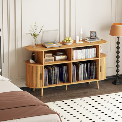Support de tourne-disque Mid-Century moderne avec rangement - Armoire de rangement pour disque vinyle et grande console multimédia ronde pouvant accueillir plus de 150 disques, support de tourne-disque pour le salon de la chambre à coucher