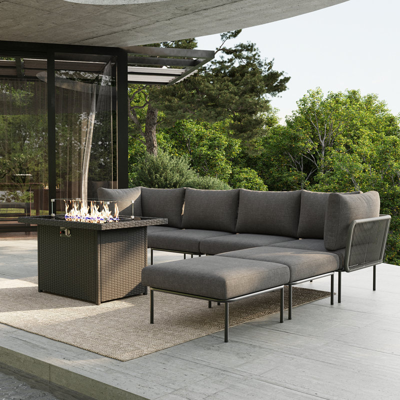 Latitude Run® 7 Pieces Aluminum Patio Furniture Set, Modern Modular Sectional Sofa with Fire Pit Table and Upgrade Thickness Cushion