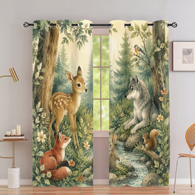 2Pcs Forest Animal Printed Grommet Blackout Curtains, Watercolor Woodland Scene Drapes, Thermal Insulated, Room Darkening & Privacy Protection, Decorative for Bedroom Living Room Indoor Home Decor