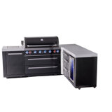 Mont Alpi Premium L-shaped Black Stainless Steel 94"w X 75"d X 46"h Modular Outdoor Kitchen Island With Refrigerator + 44"w 6-burner Bbq Grill + Side Burner + Granite Countertops + Storage Cabinets + Cover + Natural Gas Convertible + Lifetime Warranty