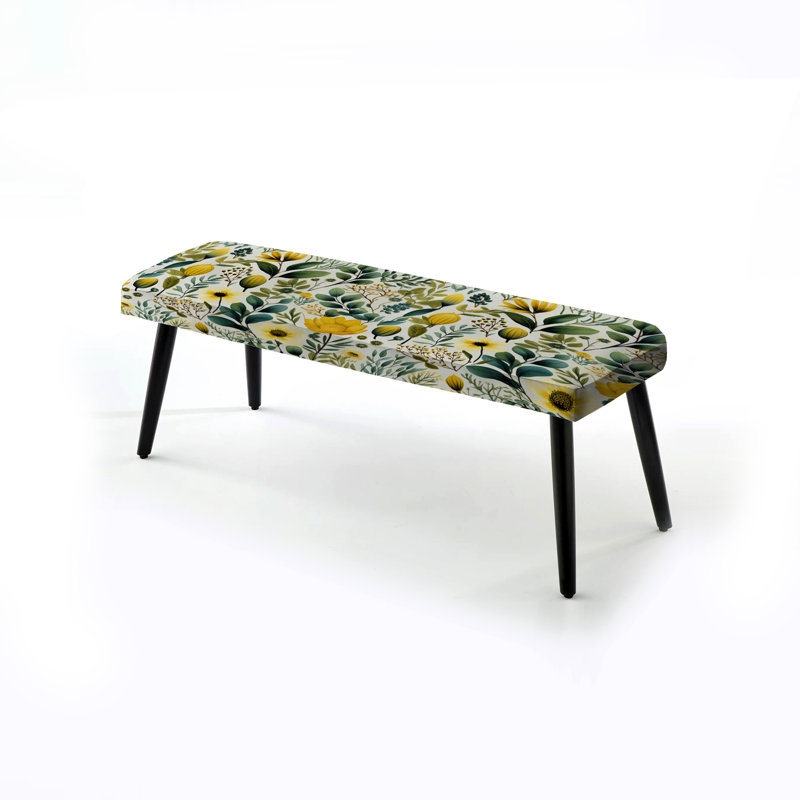 Fougères botaniques en vert et jaune - Banc rembourré floral noir