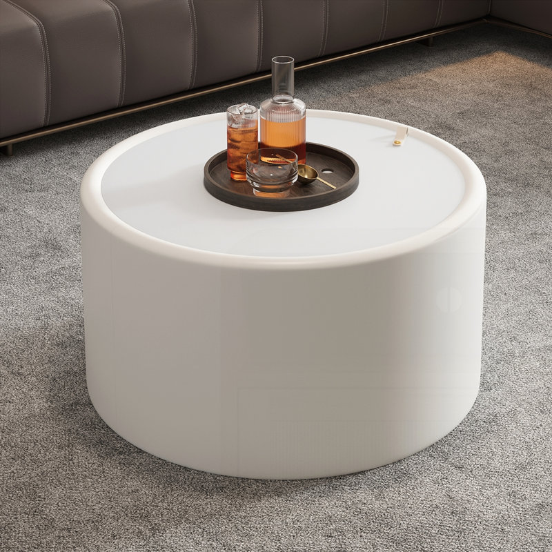 Table basse ronde avec plateau en verre trempé, Blanc, crème