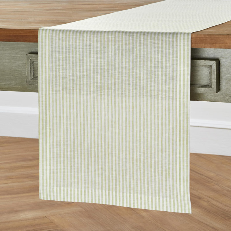 100% Pure Linen  Table Runner - Narrow Stripe, Sage/White, 156" x 14"