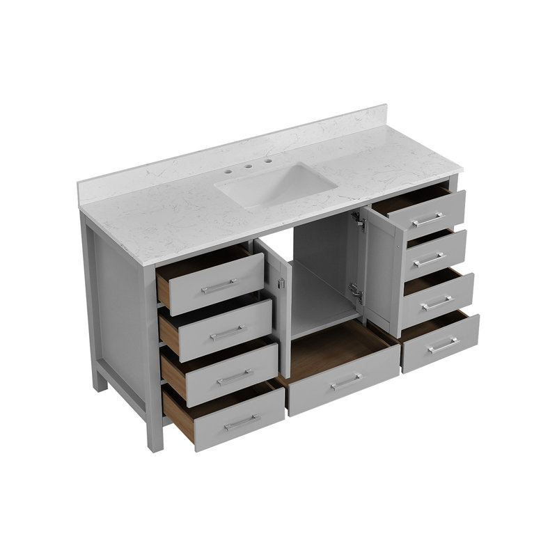 Meuble-lavabo autoportant 60 po avec comptoir simple en bois massif 60 po gris