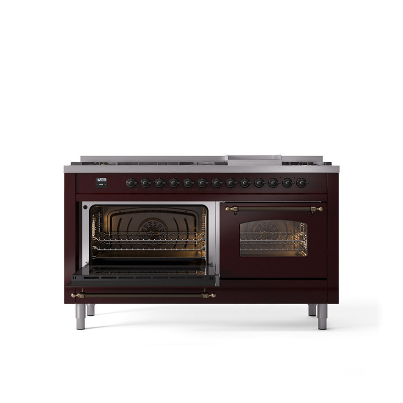 ILVE Nostalgie II 60 Dual Fuel Range, 9 Burners, Griddle, Natural Gas, Burgundy/Bronze