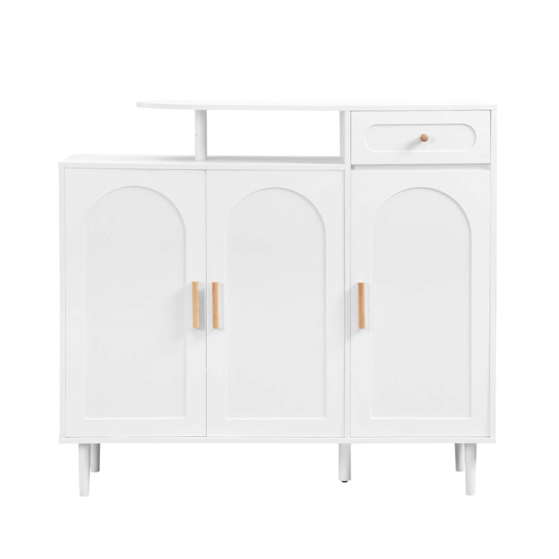 Élégante armoire à chaussures avec portes arquées et tiroir, buffet de rangement de style crème avec tablettes réglables et pieds en bois massif pour le vestibule et le salon
