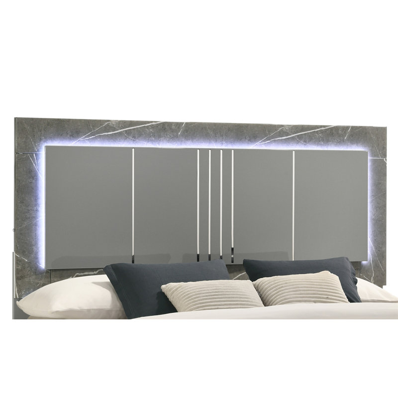 Grand lit Elara - Finition bicolore très brillante en marbre et laque avec éclairage DEL, Gris