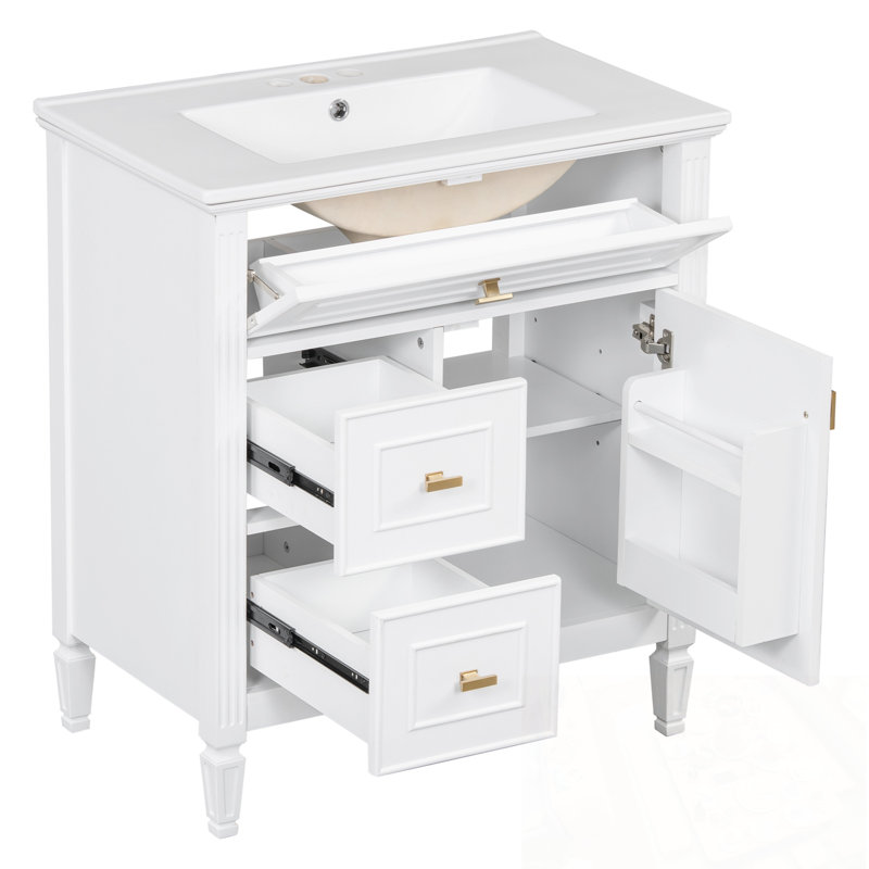 Bathroom Vanity With Sink, One Flip Drawer, Two Drawers And Adjustable Shelf, White