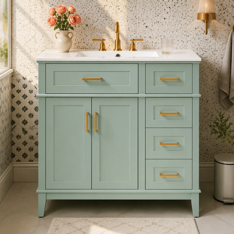 Ce meuble-lavabo moderne de 36 po avec lavabo en céramique, porte à fermeture en douceur et 4 tiroirs de rangement offre un look raffiné avec une fonctionnalité pratique au quotidien.
