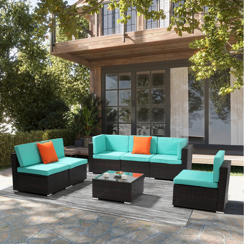 Aldebaran 6 - Person Modular Patio Conversation Set with Cushions, Brown Frame/Lake Blue