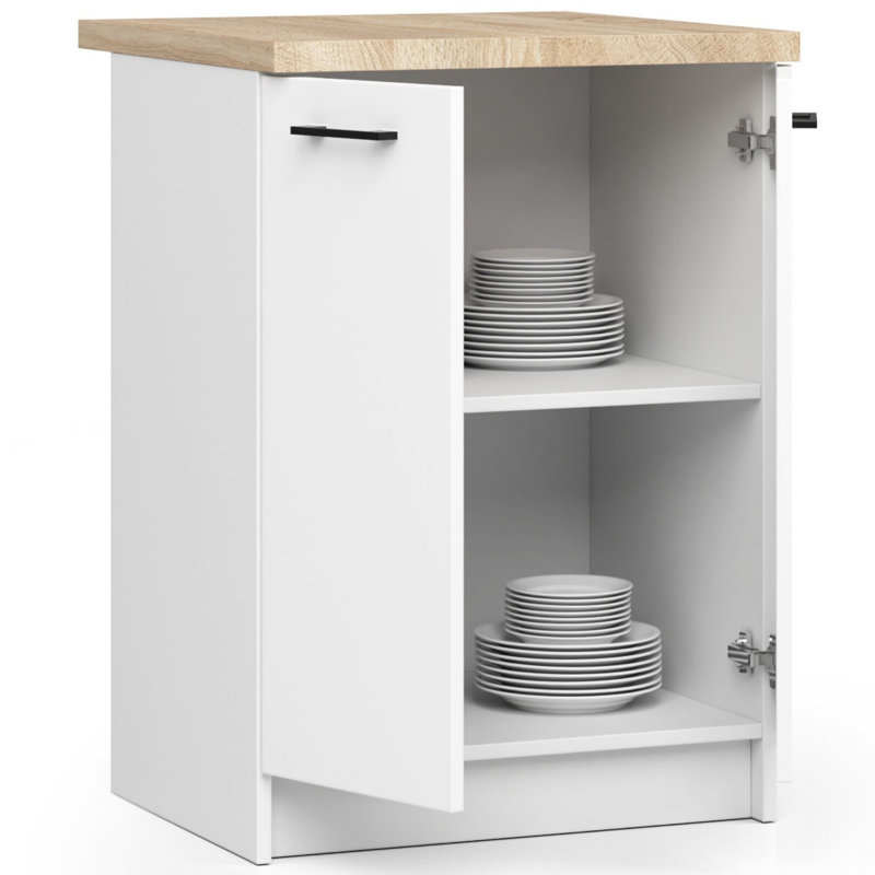 The kitchen base cabinet is white, 85cm H x 60cm W x 46cm D