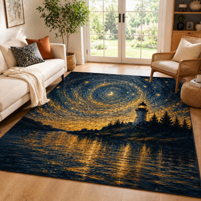 1Pcs, conception de paysage de phare nocturne étoilé - artistique et dynamique, effet visuel époustouflant, grand tapis, envers antidérapant, pour le salon, la chambre à coucher, la décoration intérieure, utilisation intérieure pour la maison