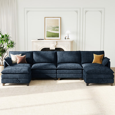 140” Comfy Cloud Couch U Shaped Sectional Sofa with Two Ottomans