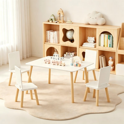 5-Piece Kids Wooden Table and Chair Set, Toddler Activity Play Table with 4 Chairs – White Rectangular Furniture Set for Playroom, Nursery & Bedroom