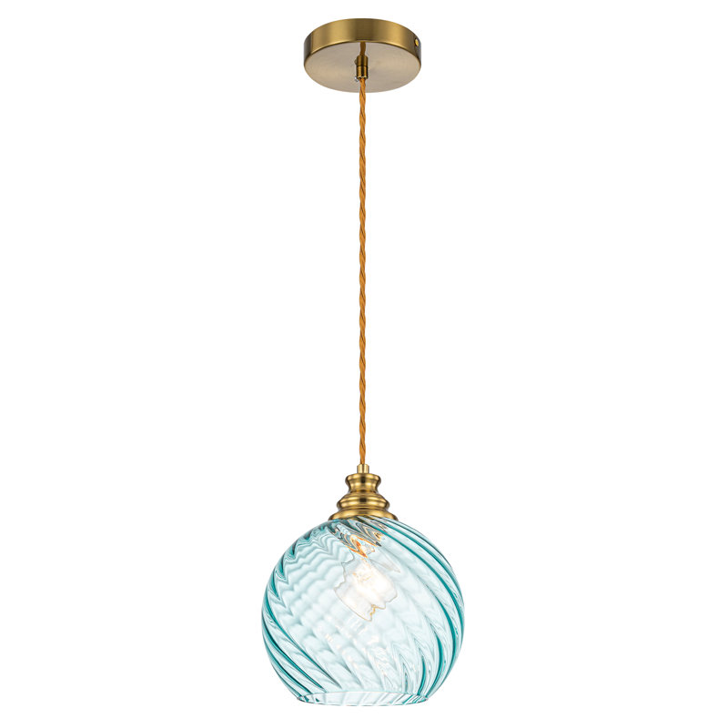 Hand-Blown Spiral Blue Glass Pendant Light - 1-Light Brass Fixture, Adjustable 10''-89'', Modern Kitchen Island Lighting