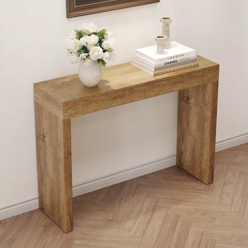 50" Wood Console Table with 2 Drawer, Natural Wood