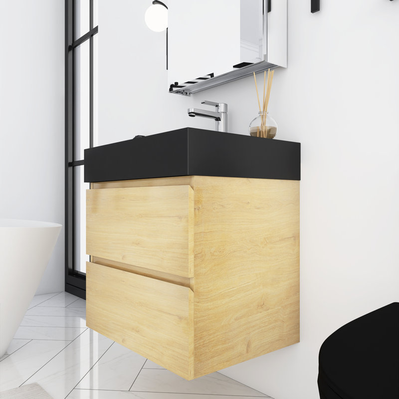 Meuble-lavabo simple mural 24 po avec lavabo en résine intégré, Chêne