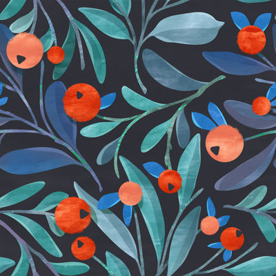 Papier peint feuilles bleues avec baies