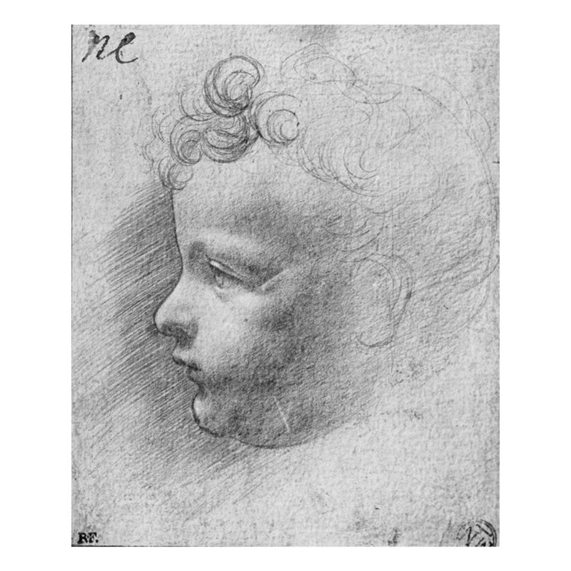 Tête d'enfant (crayon sur papier) (photo noir et blanc) par Leonardo Da Vinci - Estampe numérique, H 40 po x l 32 po