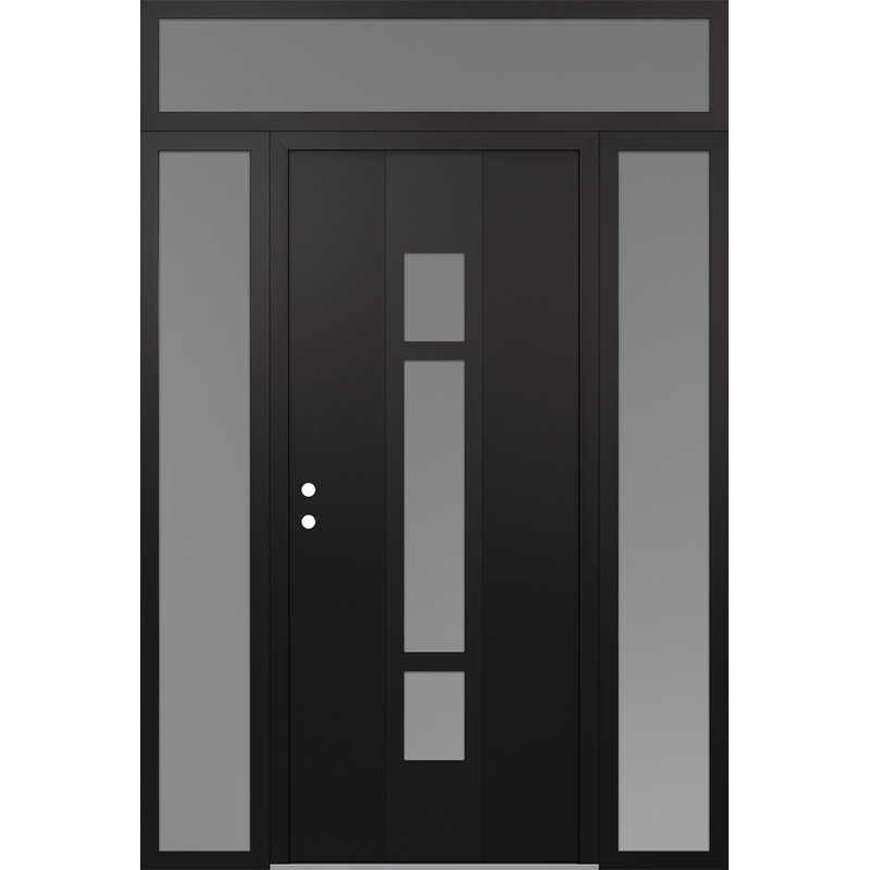 Porte d'entrée en acier Diamond A9 avec deux panneaux latéraux et traverse, L 69 po x H 95,69 po, Noir / blanc / givré