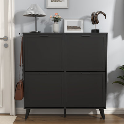Grande armoire à chaussures pouvant accueillir jusqu'à la pointure 16, organisateur de chaussures autoportant avec 4 tiroirs rabattables, étagère à chaussures étroite en bois pour le vestibule, le placard et le salon