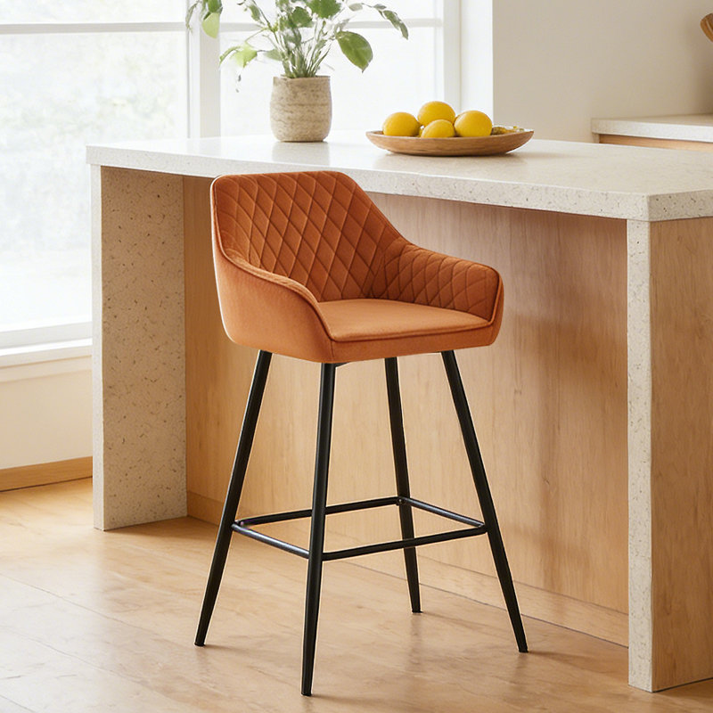 Velvet/Suede Upholstered Bar Stools with Armrests & Diamond Tufting, Velvet Orange