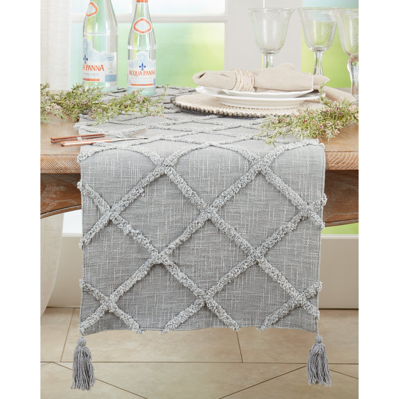 Gray Diamond Tufted Cotton Table Runner with Tassels