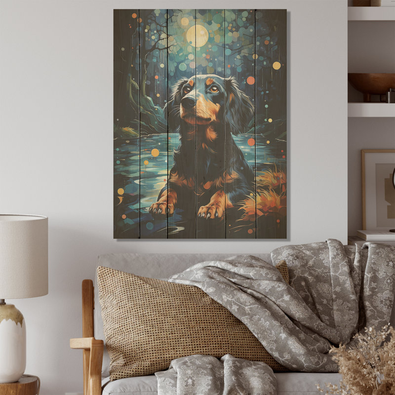 Dachshund Dreamscape I - chien, art mural sur bois de pin naturel, H 40 po x l 30 po