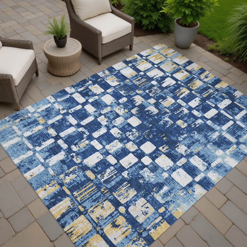 Tapis abstrait intérieur / extérieur lavable à la machine Chantille ACN2628, Marine, 9 pi x 12 pi