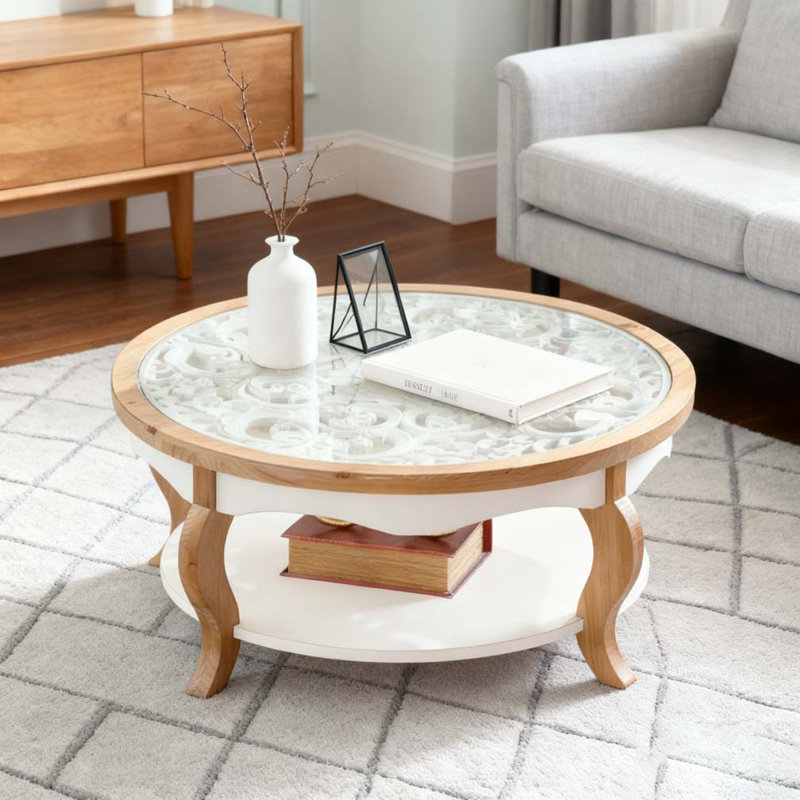 Table basse 31,50 "avec rangement ouvert, bois massif et panneau de fibres à densité moyenne + plateau en verre trempé