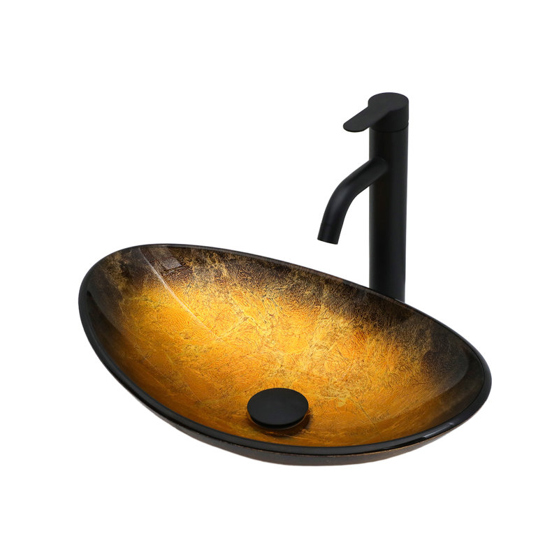 Évier vasque en verre trempé doré avec drain escamotable noir, forme bateau, dessus de comptoir | Idée de cadeau