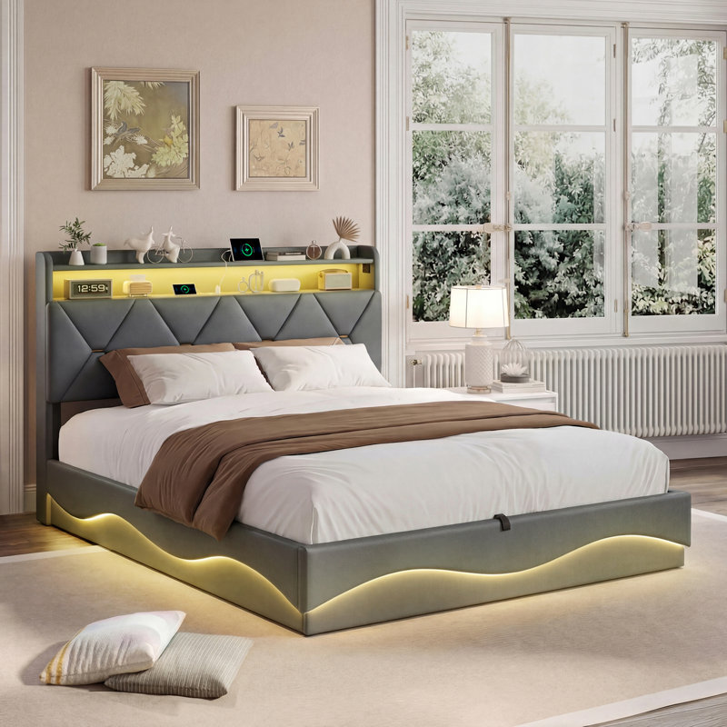 Upholstered Velvet Lift Up Storage Bed, European Kingsize (160 x 200 cm), Grey