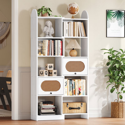 Bookcase With 2 Rattan Flip-Top Cabinets, 8-Cube Storage Shelves For Display And Organizing, Bookshelf For Living Room by Bay Isle Home