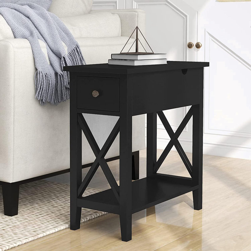 Table de bout avec 2 tiroirs et tablette de rangement ouverte, Noir