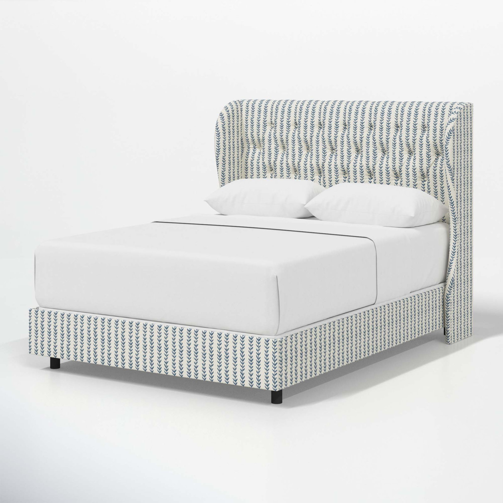 Tomey Cotton Upholstered Wingback Bed, Full, Vine Stripe Dusty Blue