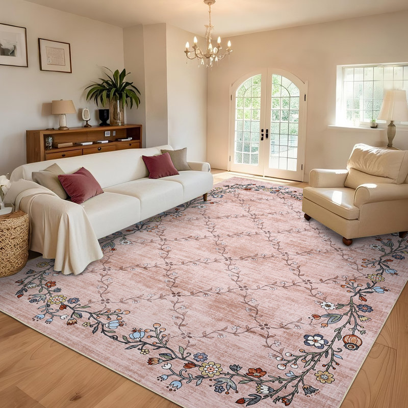 Floral Machine Washable Rugs for Living Room Non-Slip Farmhouse Accent Rug  Foldable Thin Indoor Carpet Stain-Resistant Modern Floor Mats for Bedroom, Nursery, Dining Room