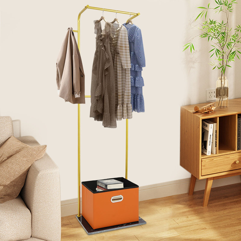 Portant à vêtements autoportant en métal avec panier de rangement, Orange/Gold