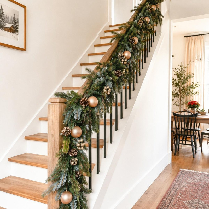 Guirlande de Noël 6,56 pi avec pommes de pin et baies rouges, verdure artificielle pour manteau de Noël et escalier