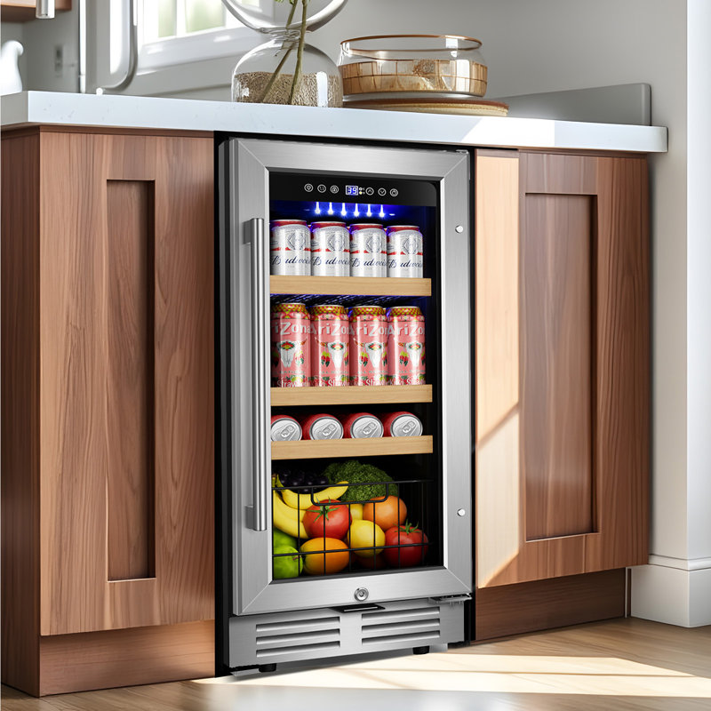 15 Inch Beverage Refrigerator - 130 Can Built-In/Freestanding Beverage Cooler, Beer & Drink Fridge with Metal Basket, Reversible Glass Door