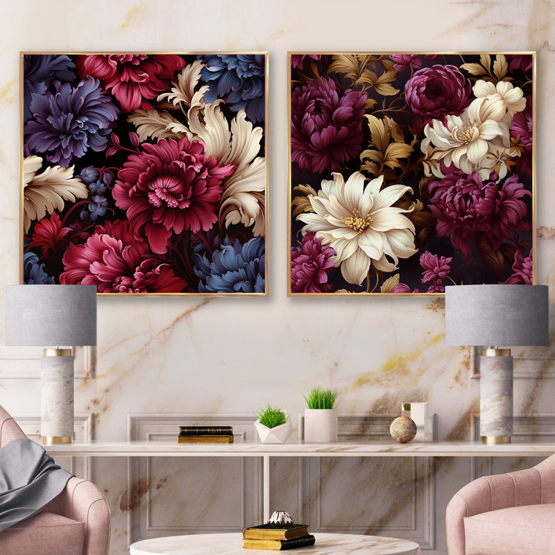 Laine - Ensemble de 2 collages floraux carrés, Cadre flottant doré, H 16 po x l 33 po