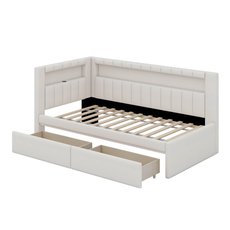 Lit plateforme tapissier avec lit gigogne, ports USB et ceinture à DEL, Lit simple, Blanc