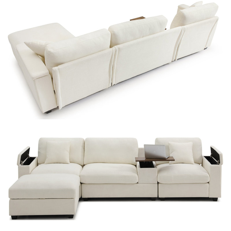 Canapé modulaire en L 120,3 po à 5 places avec table rabattable, plateau pivotant à 360 °, chargeur USB, porte-gobelets et repose-pieds de rangement (revêtement en lin)