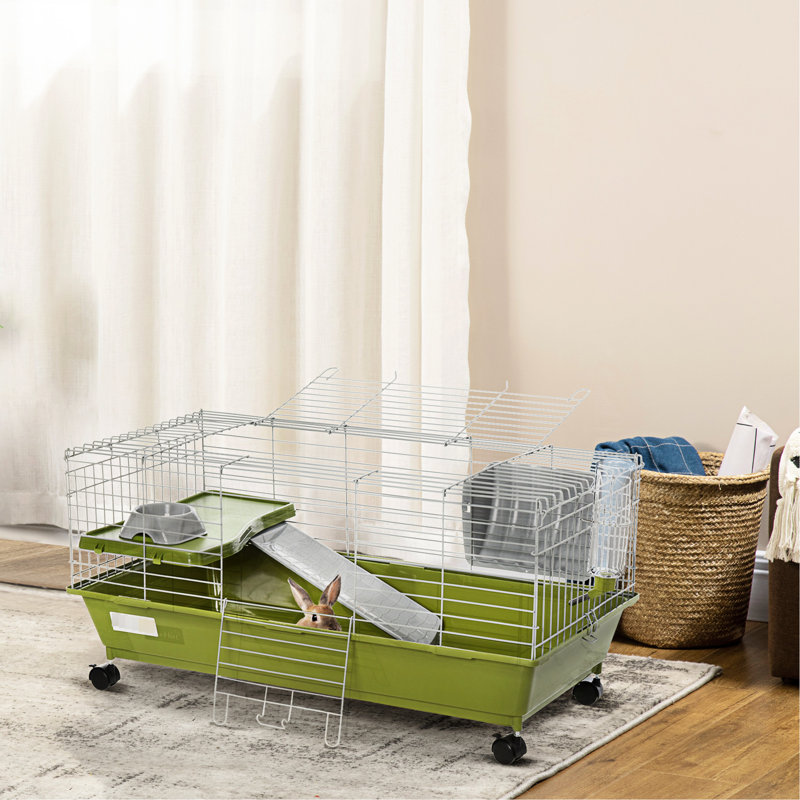 Cage pour petits animaux L 35 po PawHut, cage à lapins roulante, cage à cochon d'Inde avec plat de nourriture, bouteille d'eau, mangeoire à foin, plateforme, rampe pour furet chinchilla, vert